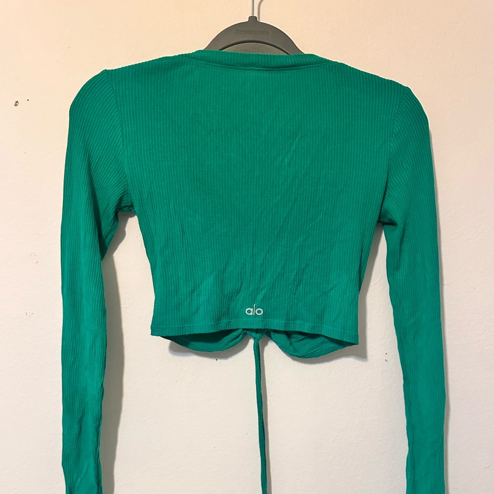 ALO Yoga Teal Ribbed Long Sleeve Cropped Top with Tie - Picture 2 of 3